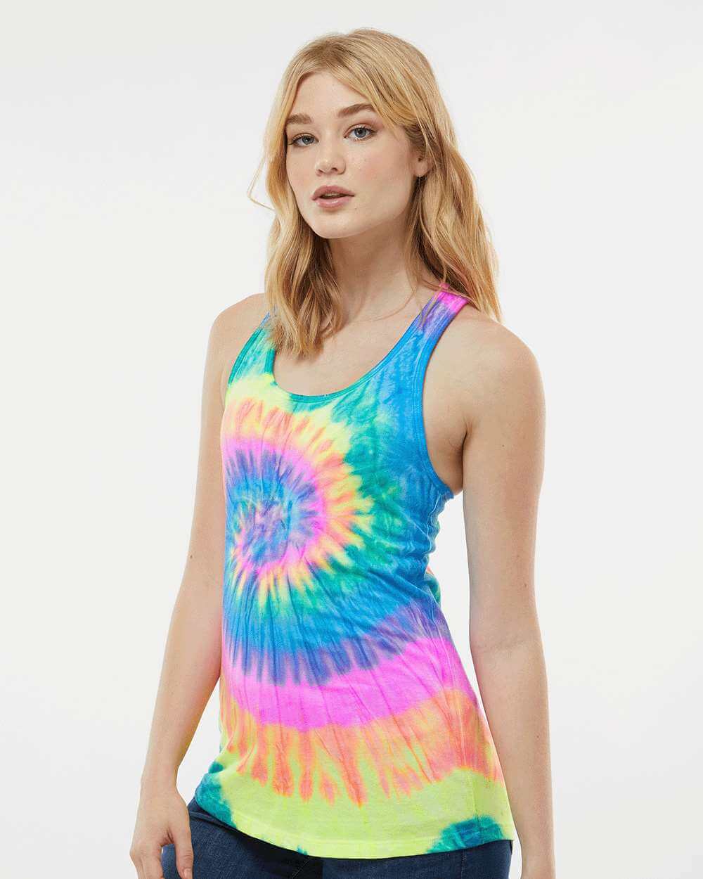 Ladies Tie Dye Positive Message Racerback Tank Top.