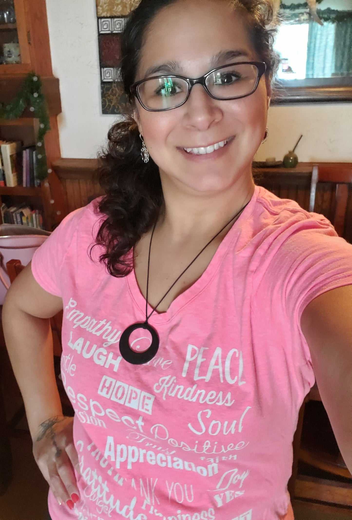 Neon pink v-neck positive message shirt for women