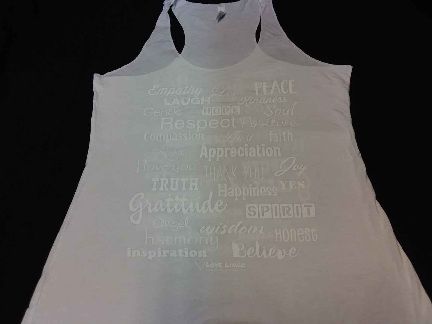 White Love Lingo Ladies racer Back Tank (White Printing)