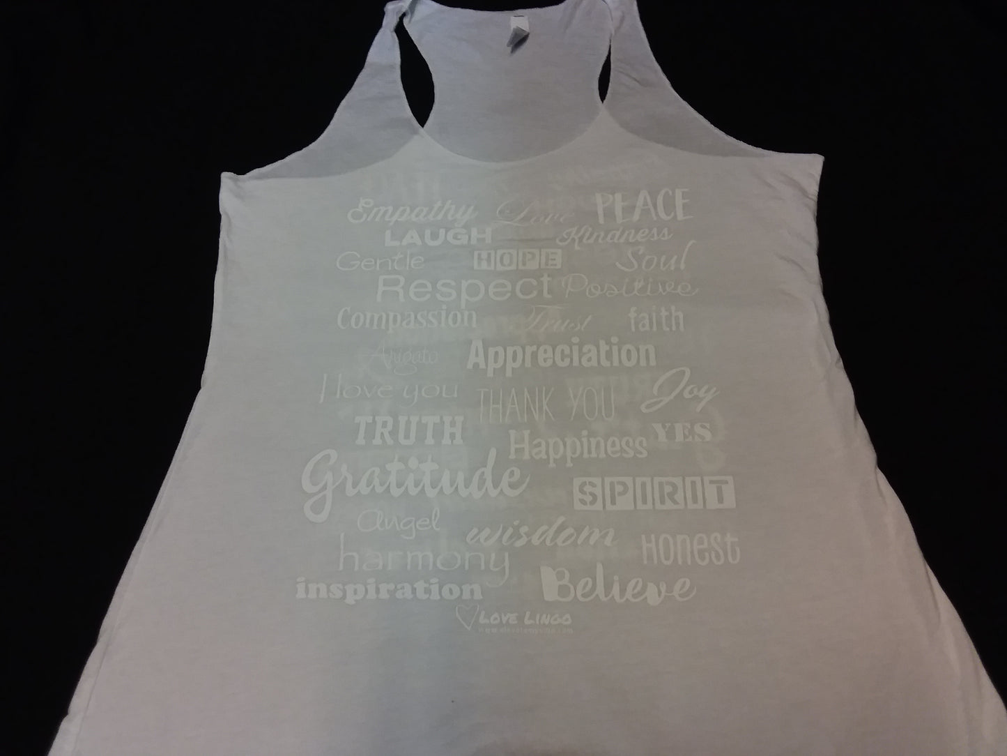 White Love Lingo Ladies racer Back Tank (White Printing)