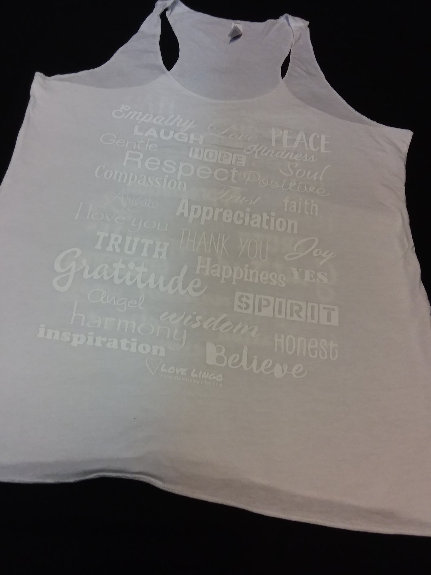 White Love Lingo Ladies racer Back Tank (White Printing)