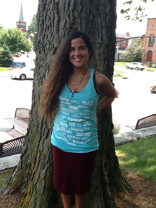 Tahiti blue racerback yoga tank with positive message design by Love Lingo