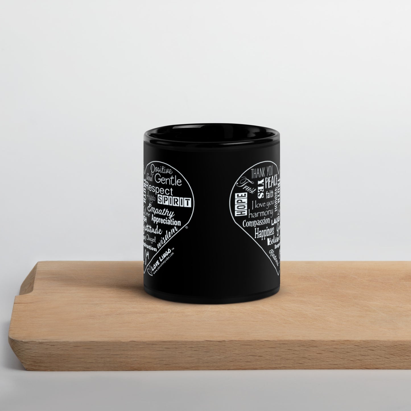 Love Lingo Heart Design Black Glossy Mug (11 and 15 ounce).
