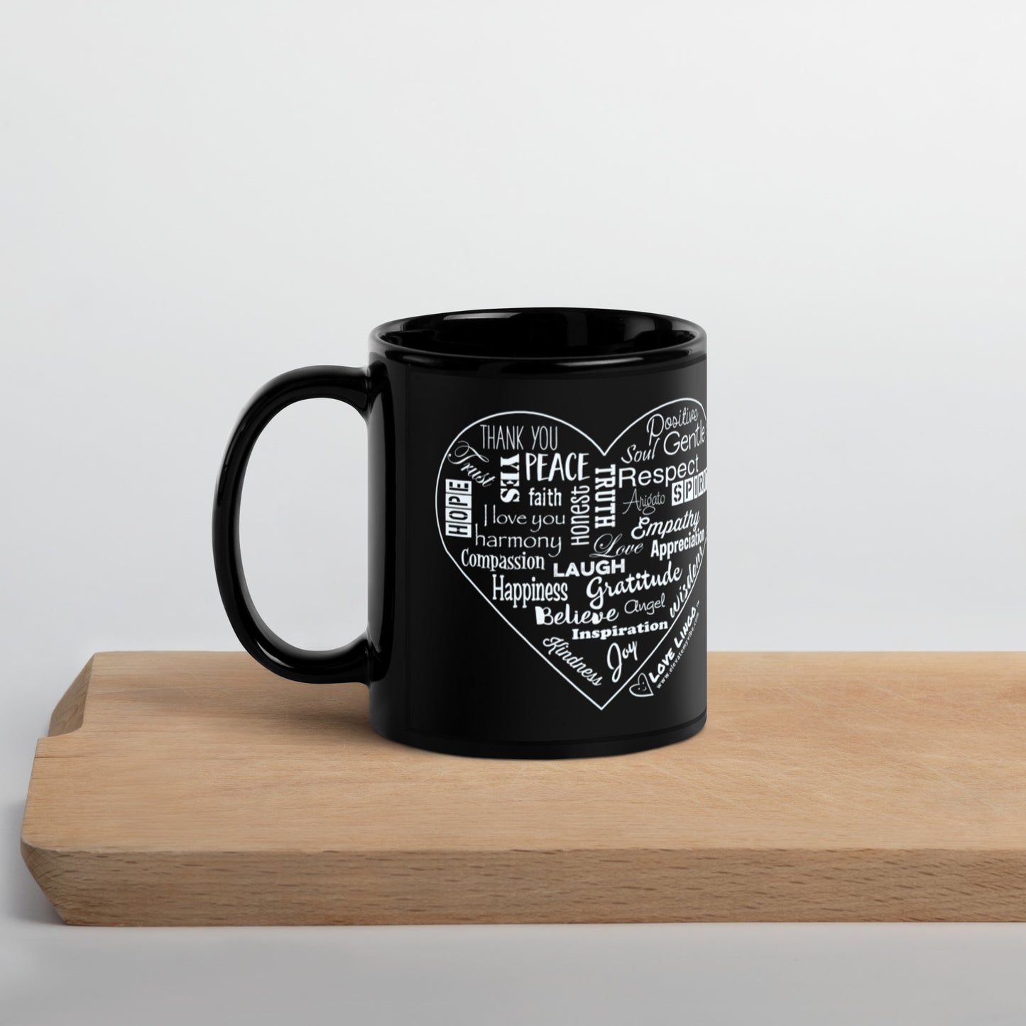Love Lingo Heart Design Black Glossy Mug (11 and 15 ounce).