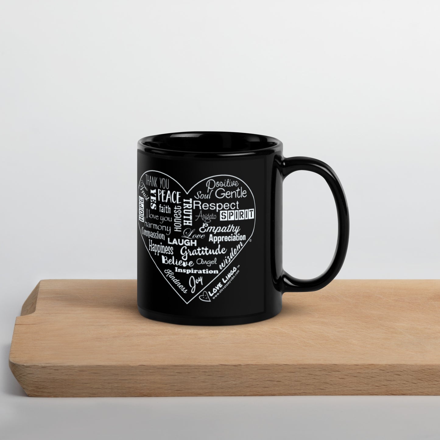 Love Lingo Heart Design Black Glossy Mug (11 and 15 ounce).