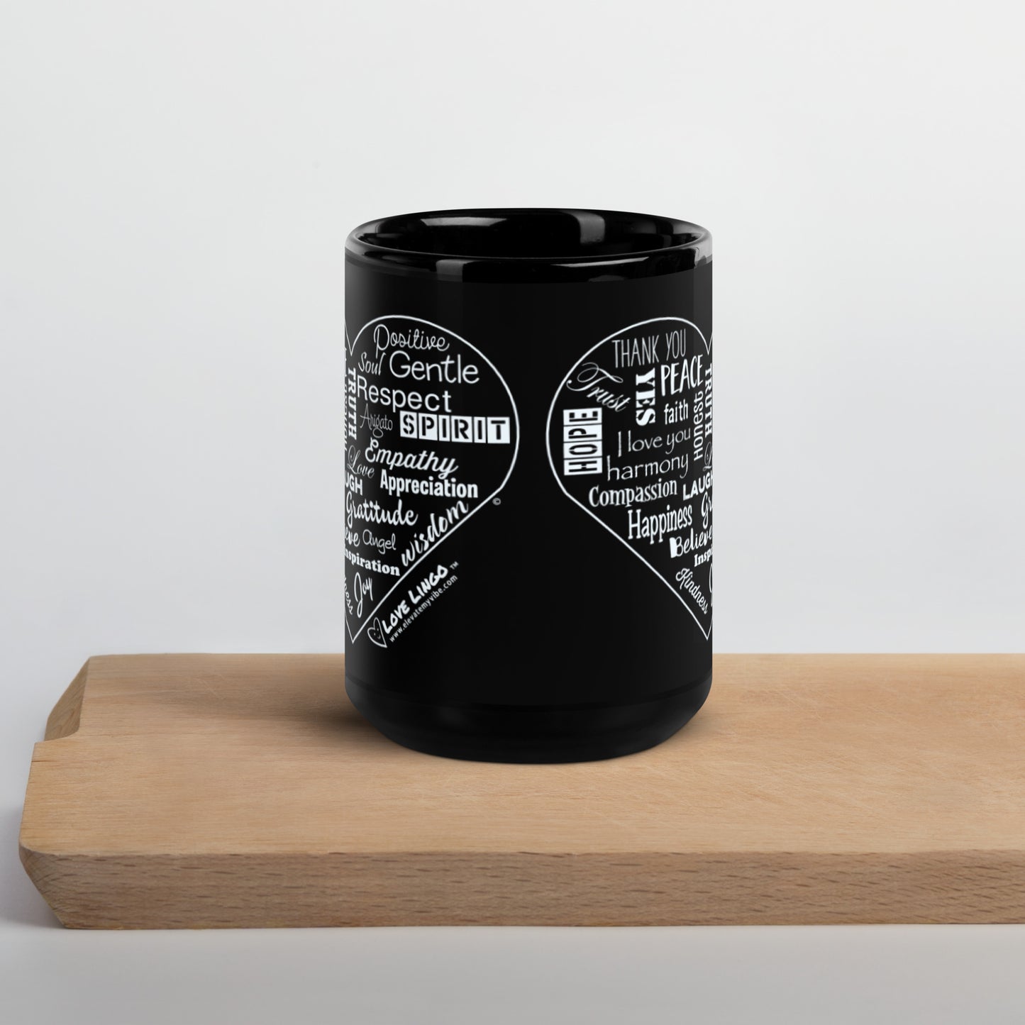 Love Lingo Heart Design Black Glossy Mug (11 and 15 ounce).
