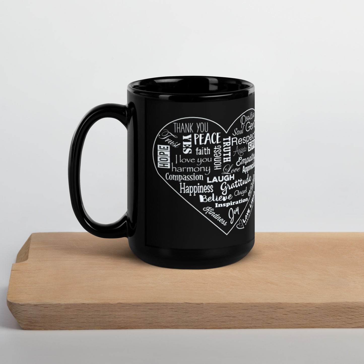 Love Lingo Heart Design Black Glossy Mug (11 and 15 ounce).