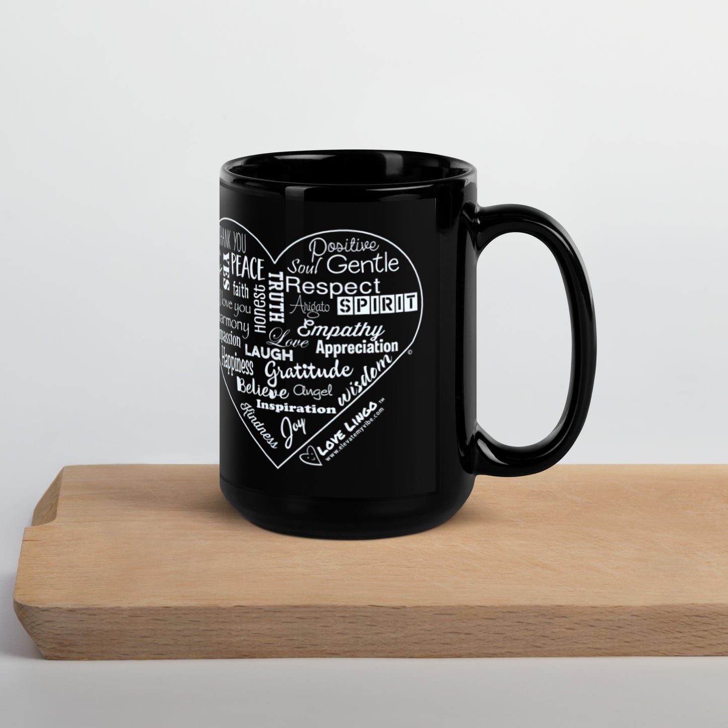 Love Lingo Heart Design Black Glossy Mug (11 and 15 ounce).
