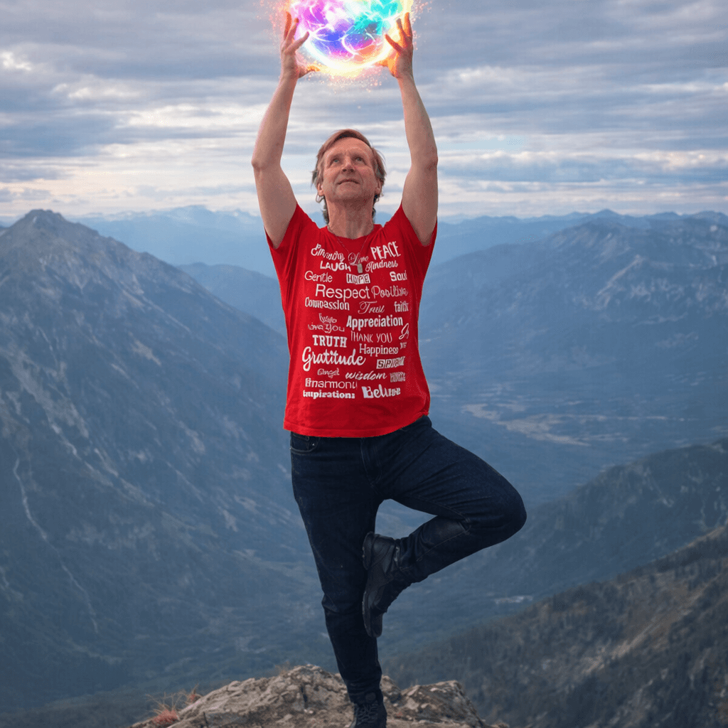 A person wearing Root Chakra red Love Lingo short sleeve unisex Tee bathed in ethereal light in a natural setting. The photo captures a luminous aura effect to visualize the 'energy-infused' and 'Reiki-enhanced' nature of the apparel.