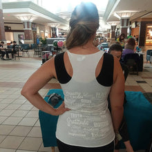 White Love Lingo Ladies racer Back Tank (White Printing)